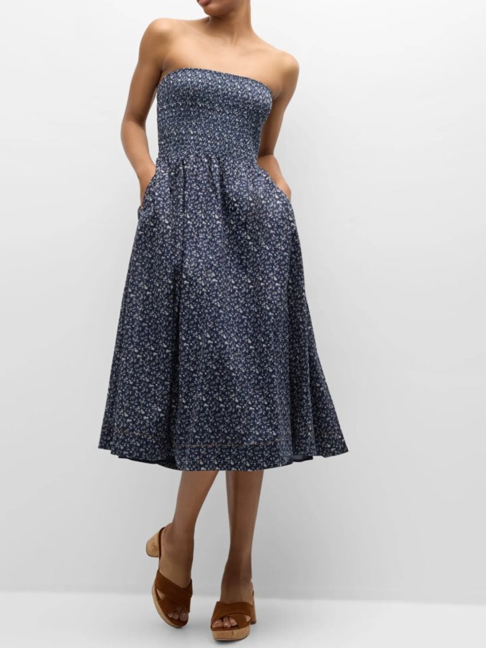 Veronica Beard Midi Dress Corneila Floral Smocked Strapless Cotton Size Medium
